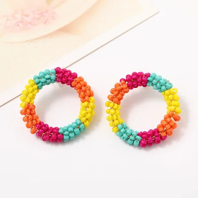 

Bohemia Exaggerated 35mm Rainbow Resin Beads Circle Earrings Handmade Hollow Circle Round Seed Beads Stud Earrings For Women
