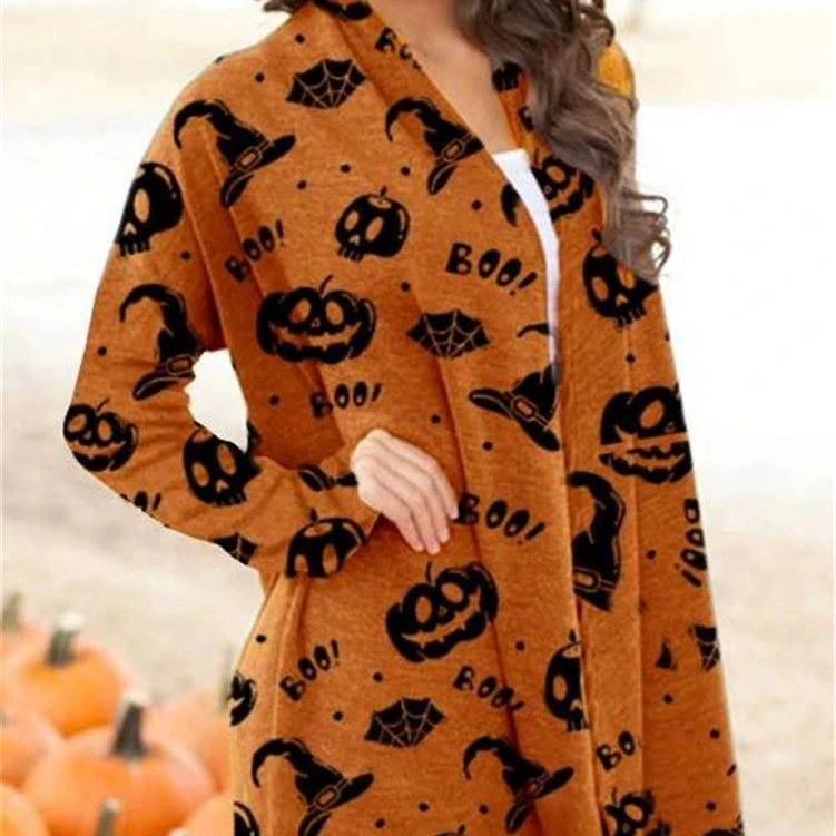 

European and American women's 2021 Amazon popular print Halloween long sleeve sweater cardigan top, Picture color