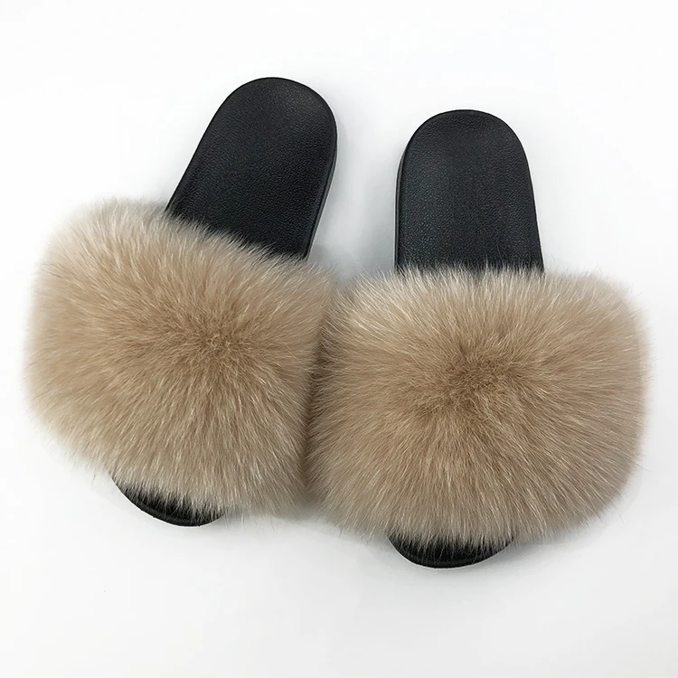 

Luxury furry fur slippers girls natual color big fur slippers real fox fur slippers, Customized color