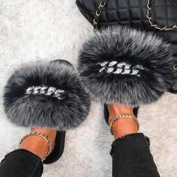 

Wholesale Fox Sandals Solid Color Women Fluffy Slippers Plush Furry Diamond Chain Black Big Fox Fur Slides