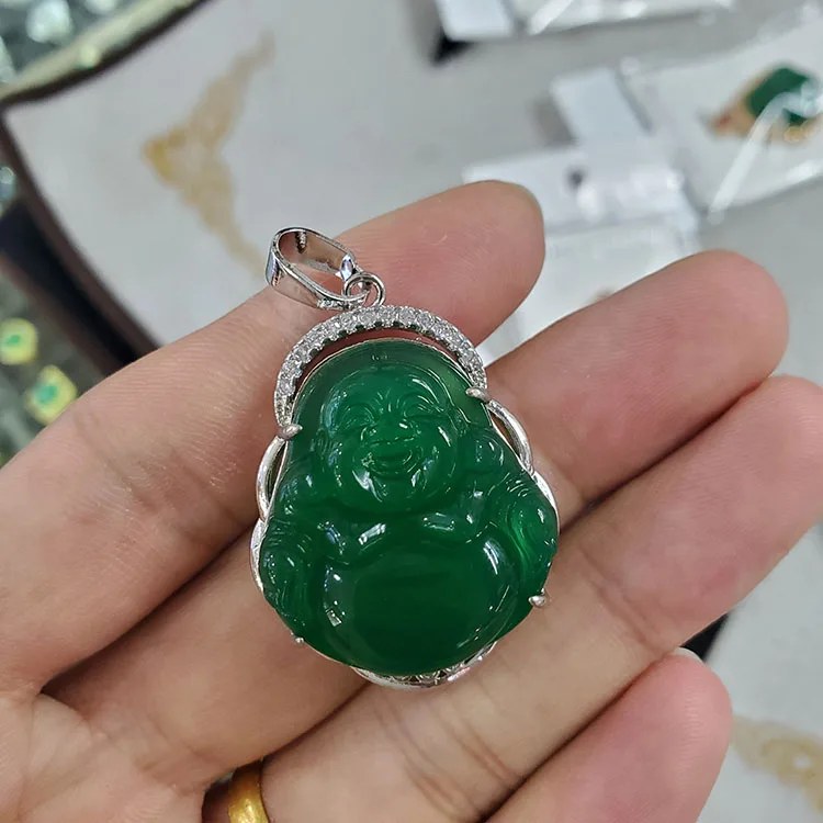 

NY1001 CZ diamond pink white green Emerald jade laughing Buddha pendant necklace jewelry women, Purple, green, white