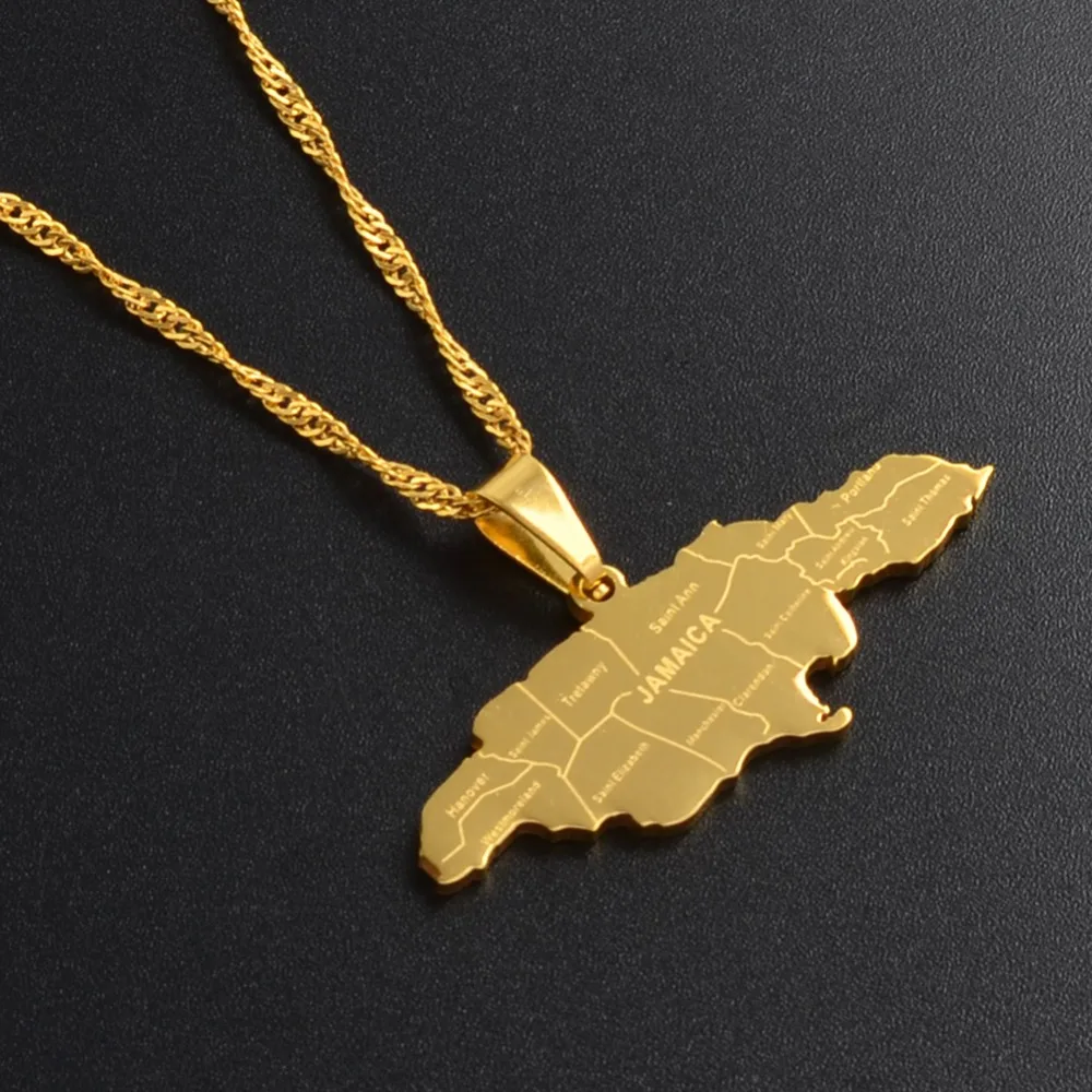 

High polished Stainless Steel Map Of Jamaica With City Gold Plated Pendant Necklaces, Steel/gold/rose gold color