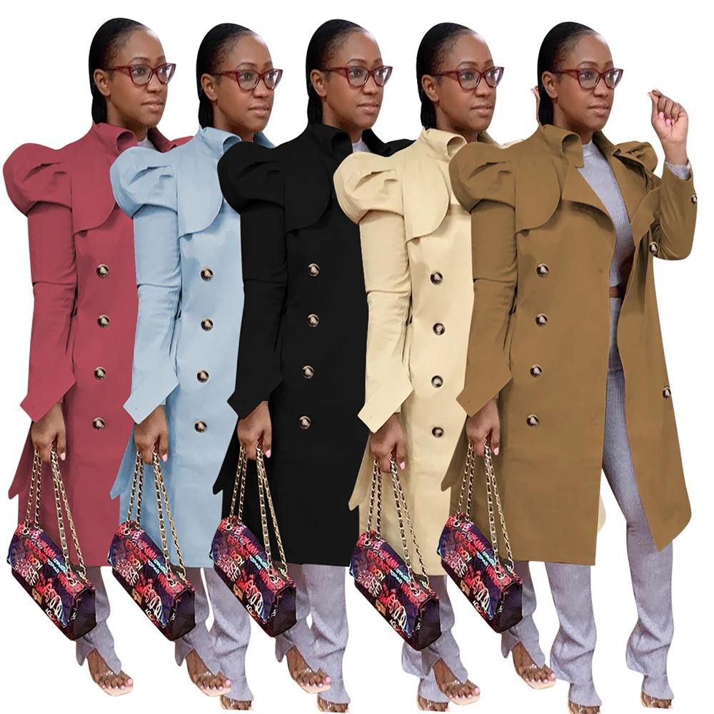 

Wholesale New Trending Long Sleeve Solid Petal Winter Jackets And Coats 2021 Fall Khaki Button Top Ladies Long Trench Coat Women, Picture showns