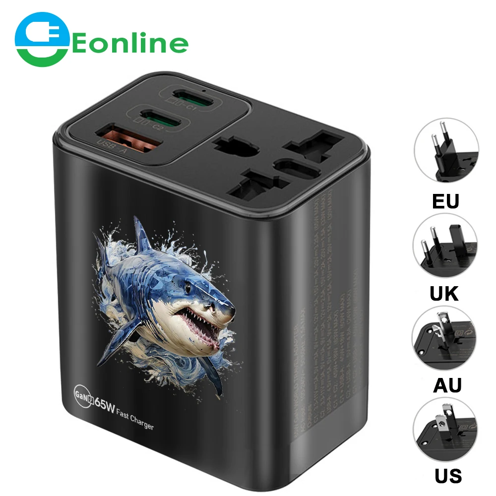 

Eonline 3D 3 Port 65W GaN Super Fast USB C Power Adapter Global Universal US EU AU UK Plug Travel Charger Head with AC Socket