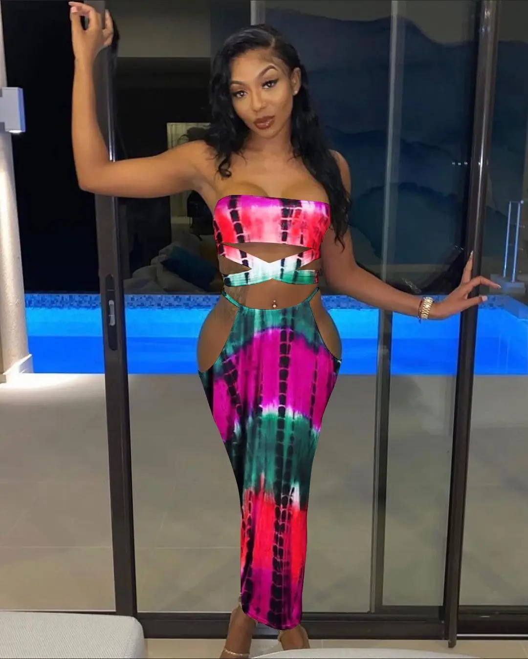 

Free Shipping R05121- women fashion bodycon sleeveless tie dye long skirt two piece set