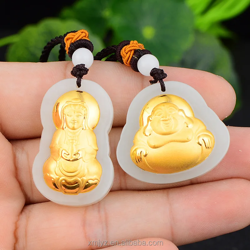 

Certified 4D Gold Inlaid Jade 3D Hetian Inlaid Gold Pure Laughing Guanyin Laughing Buddha Pendant Wholesale