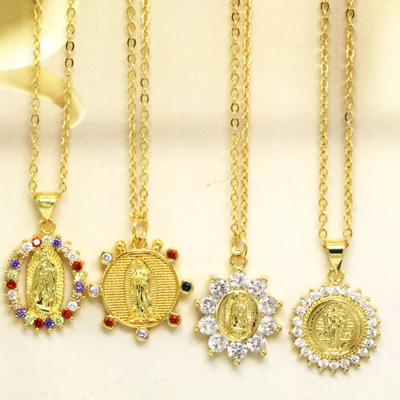 

Hot Sell 14K Gold Plated Catholic Christian Jesus Chain Necklace Crystal Virgin Mary Pendant Necklace Jewelry