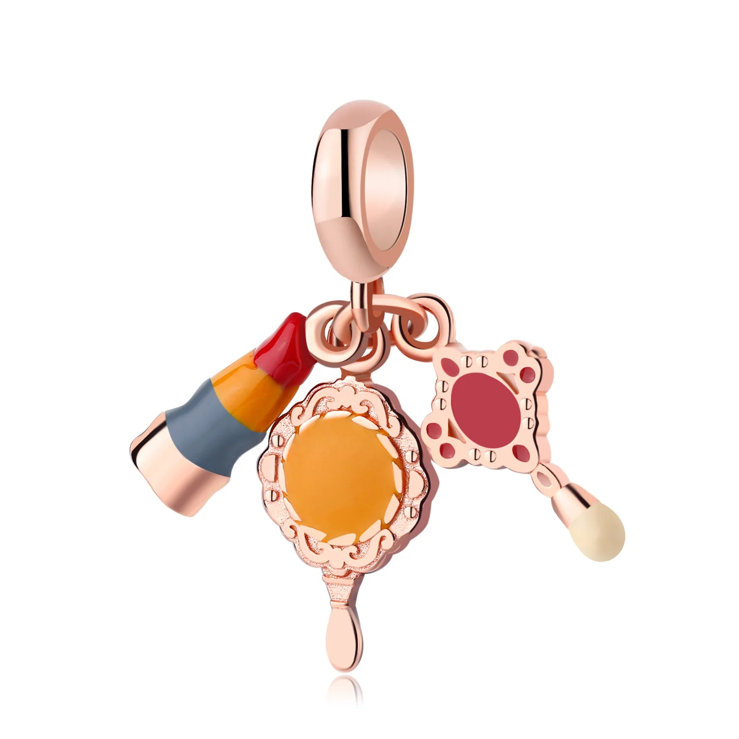 

Classical Vanity Mirror and Lipstick Pendant 925 Silver beads Enamel jewelry for Women Bracelet making Rose Gold plated Charms