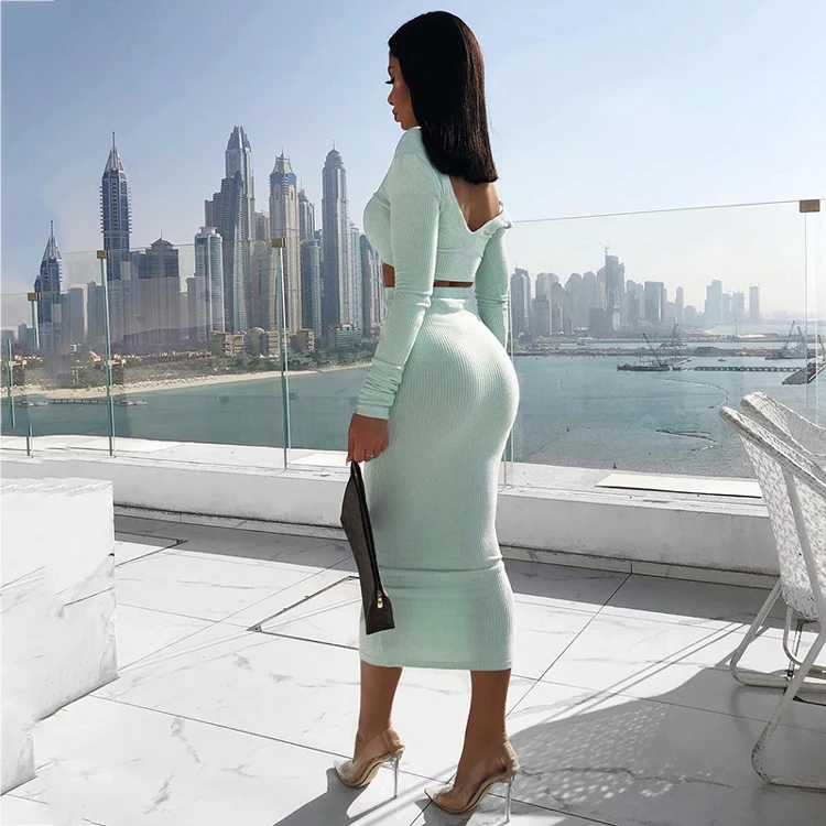 

Sexy two piece set Women Autumn winter V neck Long Sleeve Crop Top and Long Skirt Party Clothing 2 piece Sets dress