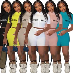 Short Sleeve Crop Tops embroidered Lucky Label Two Piece Sets tights Bodycon shorts sets for women Biker Shorts Sets