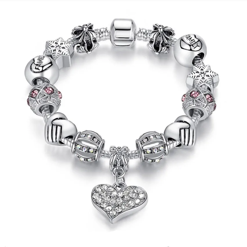 

Fashion Silver Bracelet Ladies Snowflake Love Pendant Charm Bracelet Crystal Charm Bracelet For Women