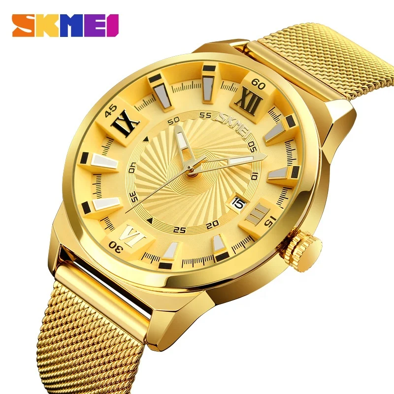 

OEM skmei 9166 luxury stainless steel japanese movement golden watch men, Gold,white,blue,black