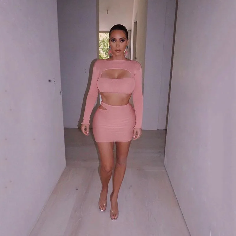 

Hot Selling Summer New Style Pink Color Long Sleeves Partial Disclosure Sexy Two Piece Sets Women