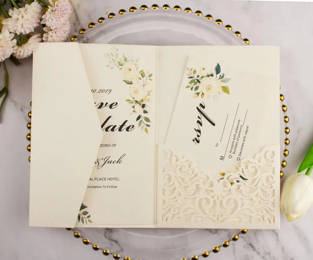 

Luxurious pocket ivory pearl wedding invitation card Laser Cut 5x7 trifold greeting Gift Cards For birthday Decoration sweet 16