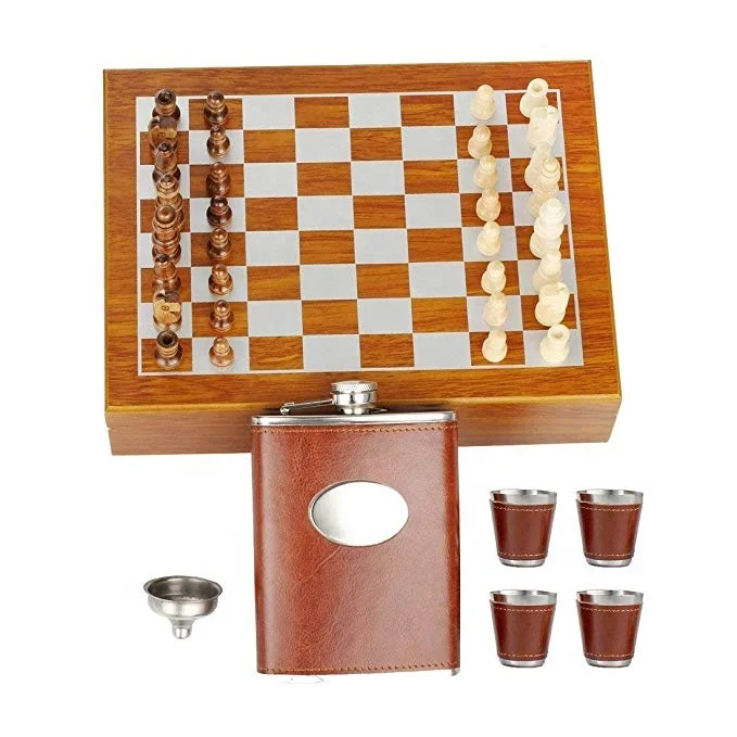 

9.4" Wooden Chess 8OZ Brown Leather Hip Flask Set - Stainless Steel Flasks With Funnel and 4 Cups Gift Box, Hip flask set with wooden chess