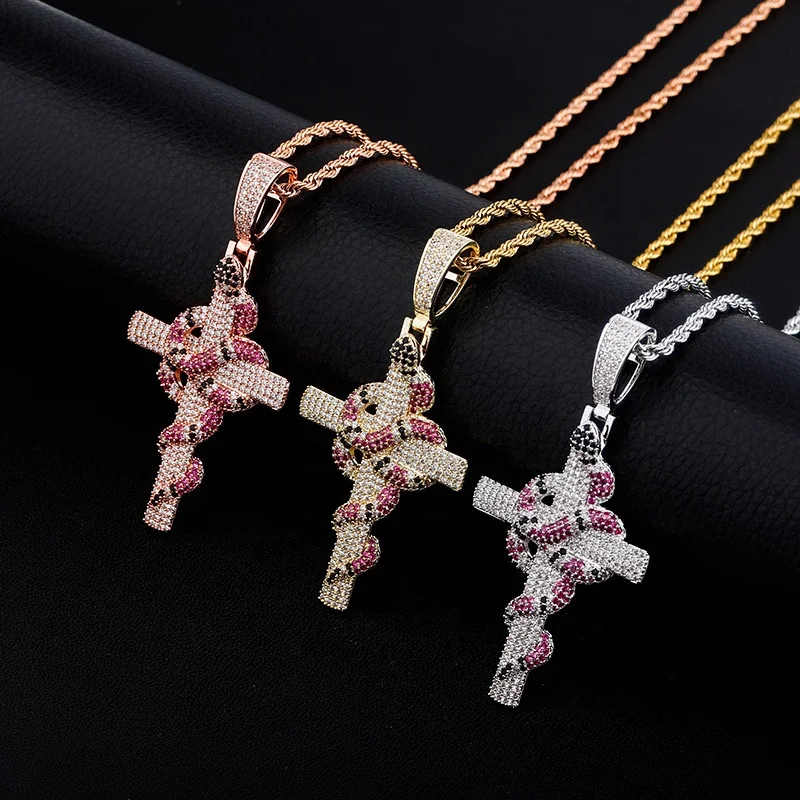 

New Retro Urban Hiphop Jewelry Christmas Halloween Gifts Bling Full Zircon Snake Cross Pendant Necklace