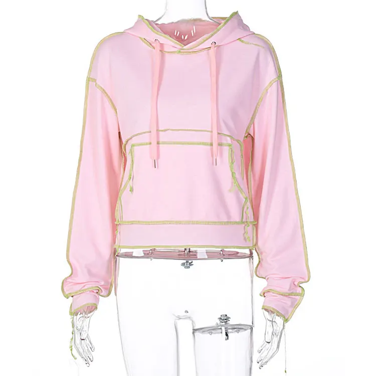 

Hot Selling Women Plain Polyester Pull Over Contrast Stitching Kangroo Pocket Blank Hoodies, Pink/gray/black
