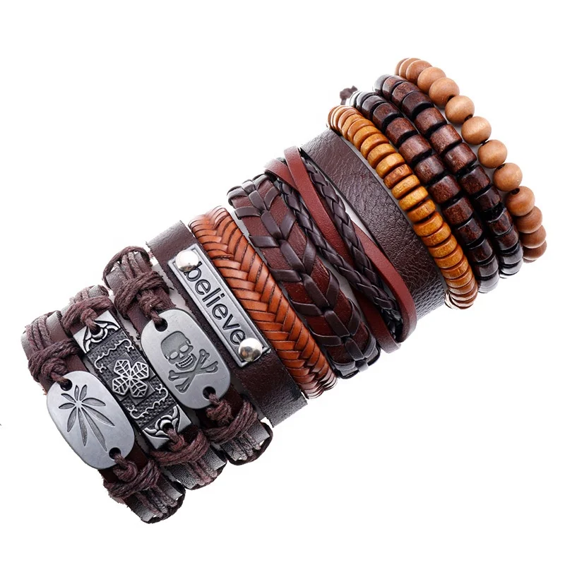 

New hip hop multiple DIY believe skull wooden beads braided wristbands leather bracelets set, Picture shows