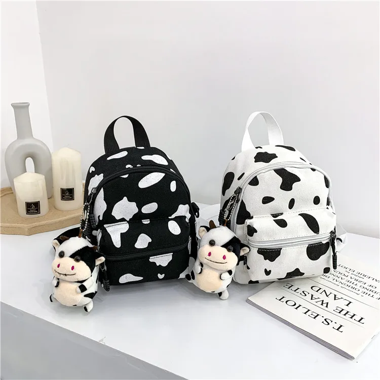 

Harajuku style schoolbag female ins cow pattern lovely girl canvas bag Korean version soft sister children's backpack, Black, white