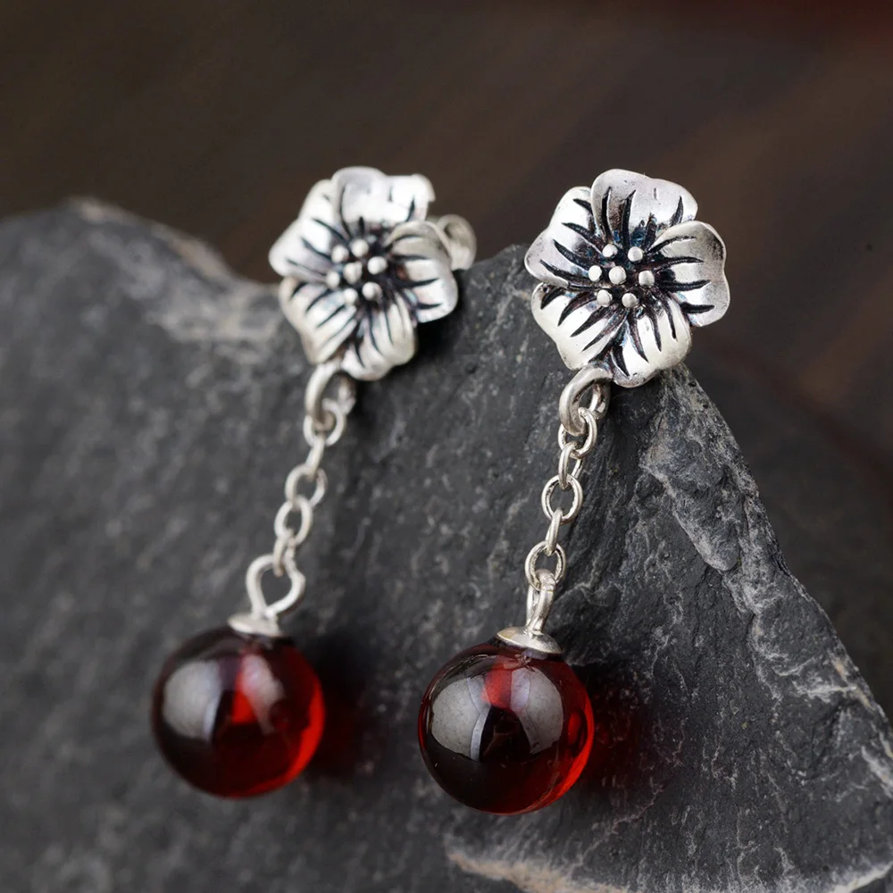 

990 Sterling Silver Jewelry Natural Stone Flowers Drop Earrings For Women With Yellow Chalcedony And Red Garnet