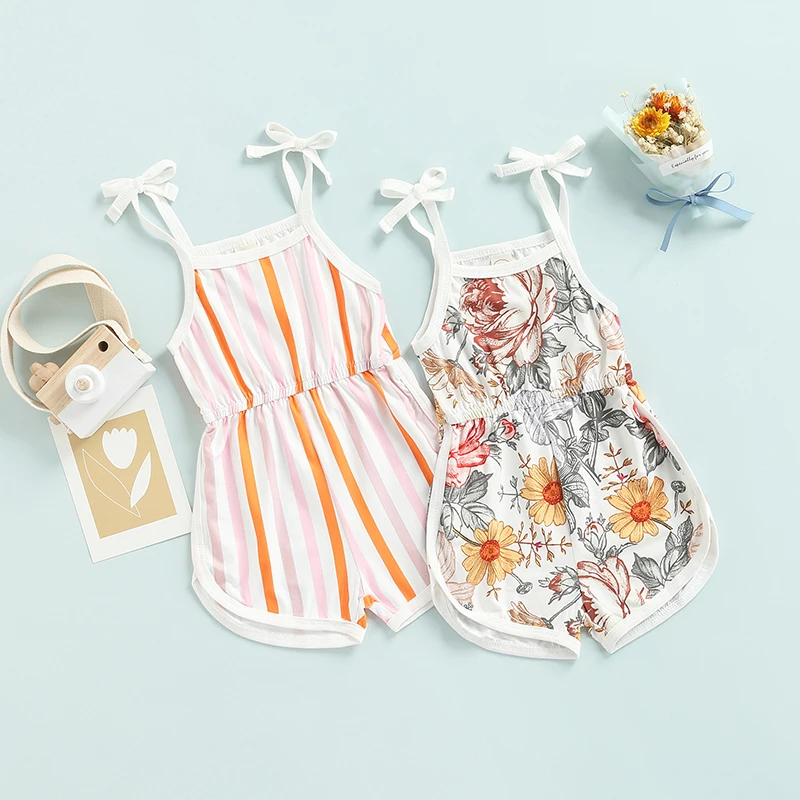 

Custom Made Logo Summer Girls Sling Romper Stripe Floral Newborn Toddler Tie-Up Shoulder Strap Clothes Baby Bodysuit Jumpsuit, Photo showed and customized color