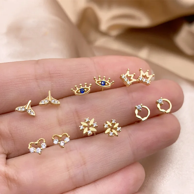 Female 925 Silver Needle Earrings Personalized Small Gold Crown Mermaid Tail Moon Geometric Stud Earrings