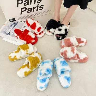 

New fashion autumn winter slides European and American beach shoes female fur sandals home cotton trade slippers, Yellow, red, black, blue and pink