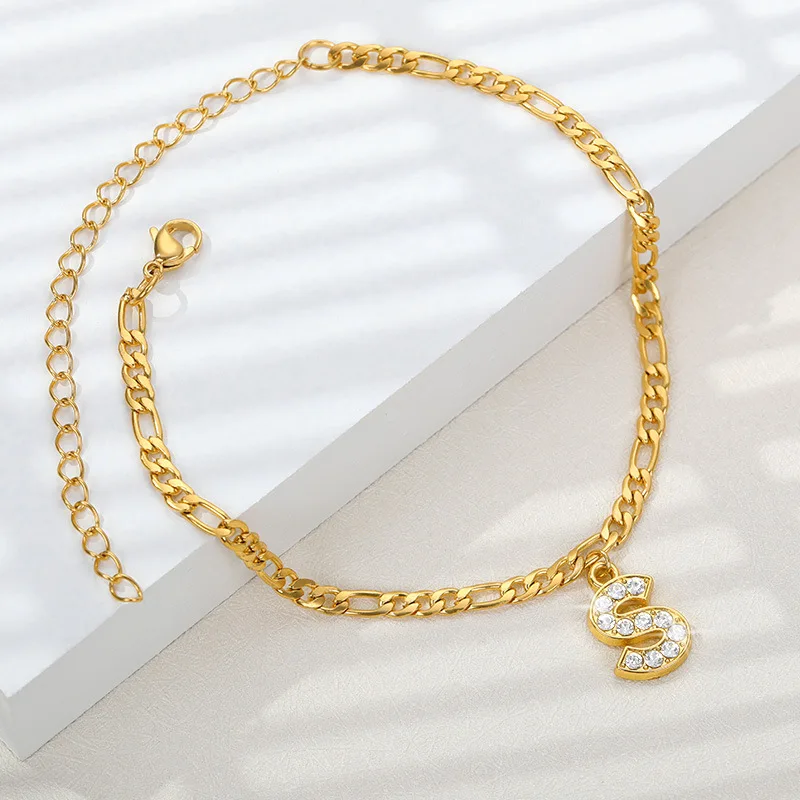 

Wholesale Gold Plated 26 Initial Ankle Bracelet Diamond Cuban Anklet For Women, Silver/gold