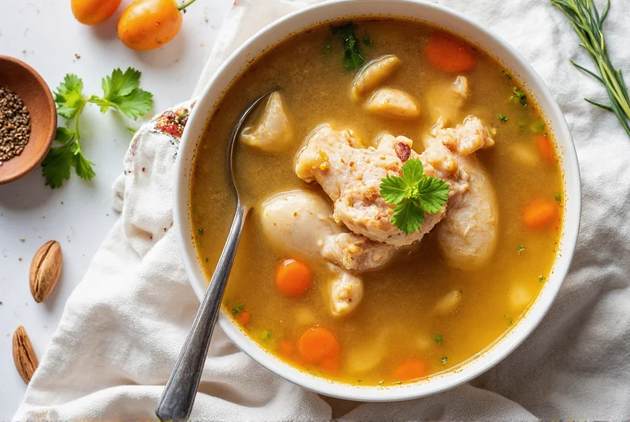 Chicken soup in bowl with fresh herbs and seasoning ingredients arranged artistically