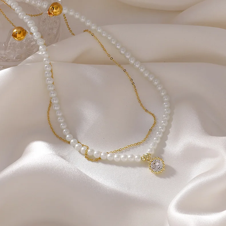 

2021 the latest Niche retro simple double layer women pearl zircon bead chain necklace jewelry, Picture shows