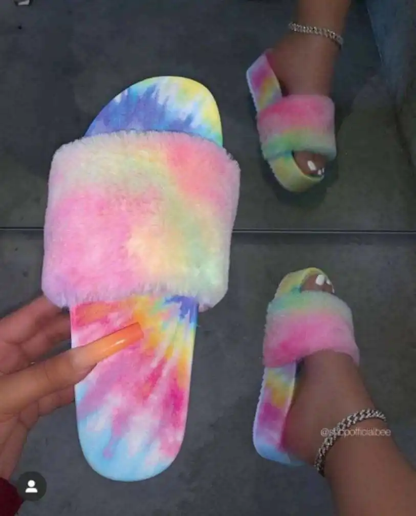 

Hot Women Faux Fur Sandals Furry Sandals Women Colorful Plush Slipper Fur Women Fluffy Slides Fur Sandals, Red, black, colorful