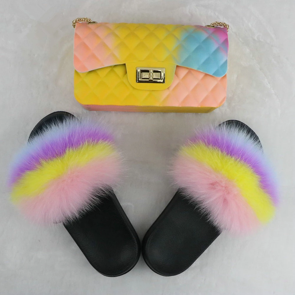 

2020 hot sale Jelly Purses with slipper shoes women custom crossbody bag fox fur slides sets fur slides with purse set, Customized color