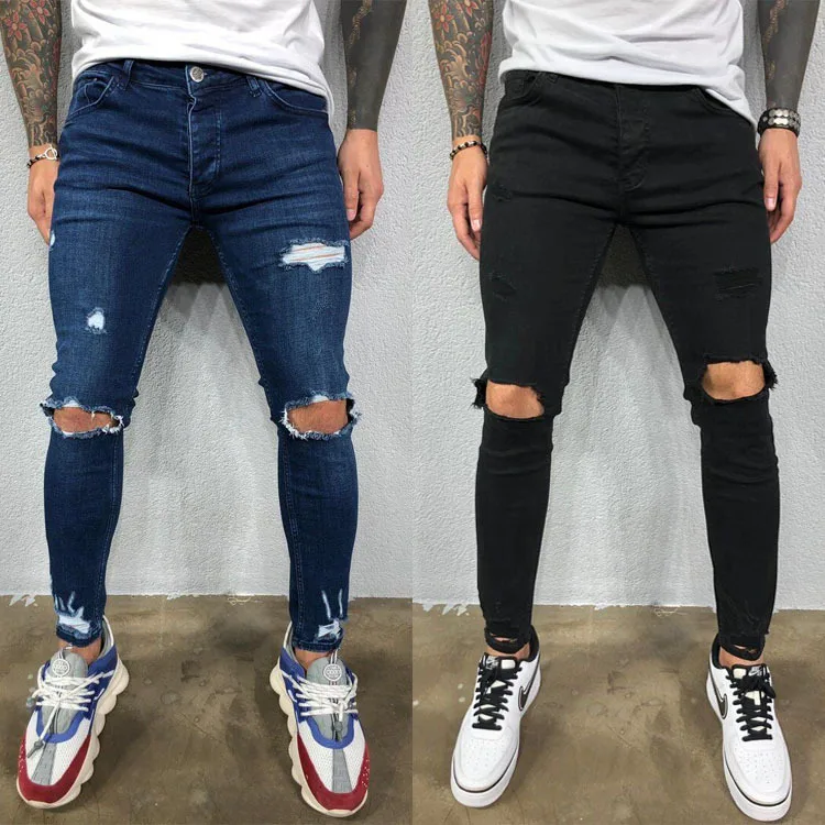 

Factory cheap mens outfits Amazon hot selling middle waist slim fit denim streetwear stretch men's biker jeans ripped skinny, As picture shown, or oem