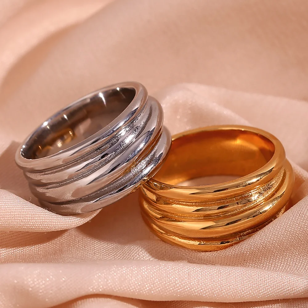 

Summer Jewelry Irregular Three Layer Stainless Steel Signet Ring Water Proof Tarnish Free Jewelry