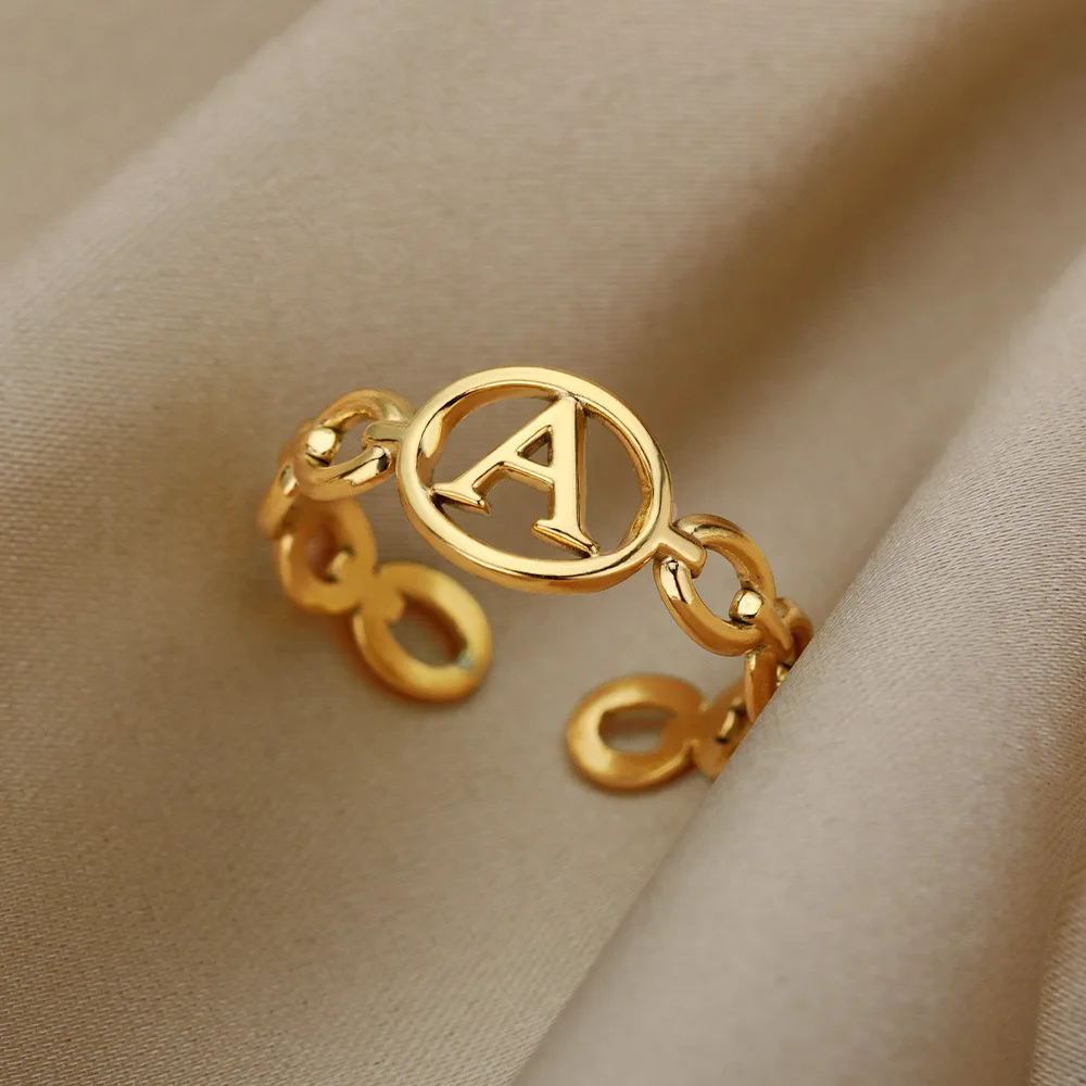 

Hollow Initial Letter Rings For Women Men Stainless Steel Gold Link Open Adjustable Ring Wedding Beautiful Jewelry Gift