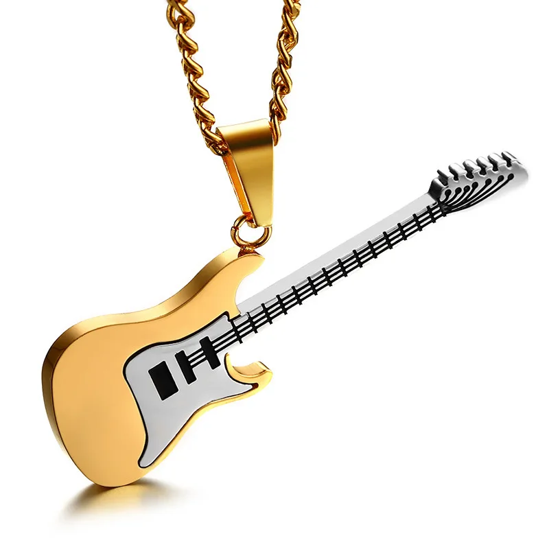 

New Fashion Unique Design Rock Music Instrument Gesture Necklace Charm Stainless Steel Guitar Pendant