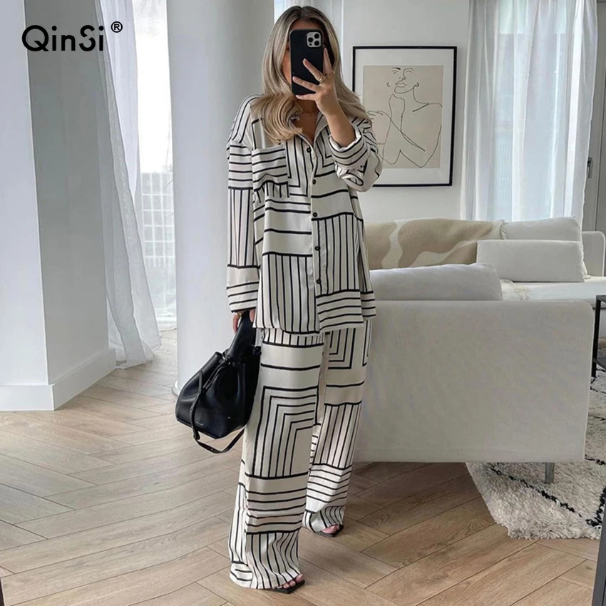 

QINSI Designer Shirt Woman 2 Piece Outfits Satin Two Piece Pants Set Instock Fashionable White Printing Pj Set