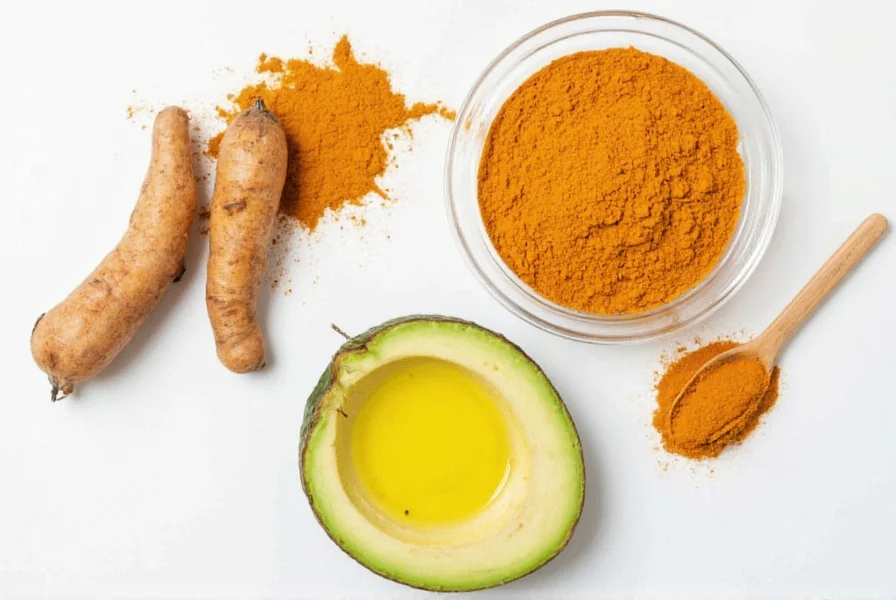 Turmeric root and powder next to healthy fats like avocado and olive oil showing optimal consumption pairing