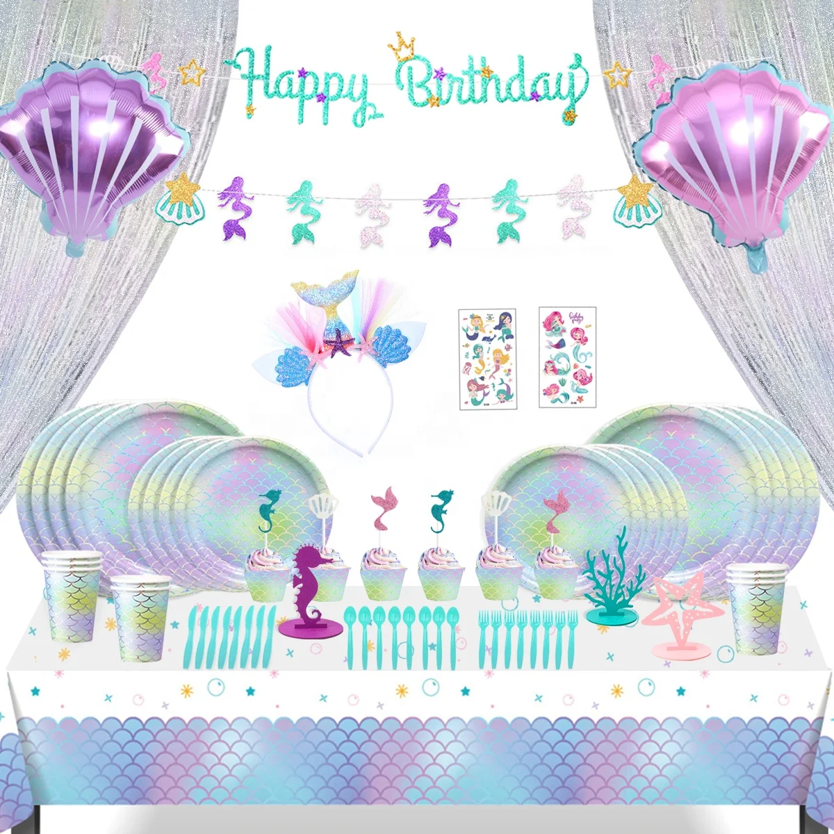 Nicro Mermaid Theme Party Decor Birthday Tableware Set Foil Balloon Banner Table Decoration Little Mermaid Party Supplies