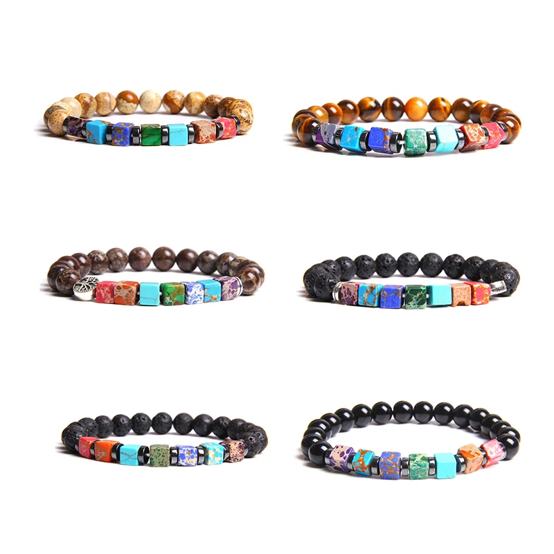 

Valentines Day Square Emperor Stone 8mm Volcanic Stone Bead Yoga Jewelry Energy 7 Chakra Bracelet for Men Women