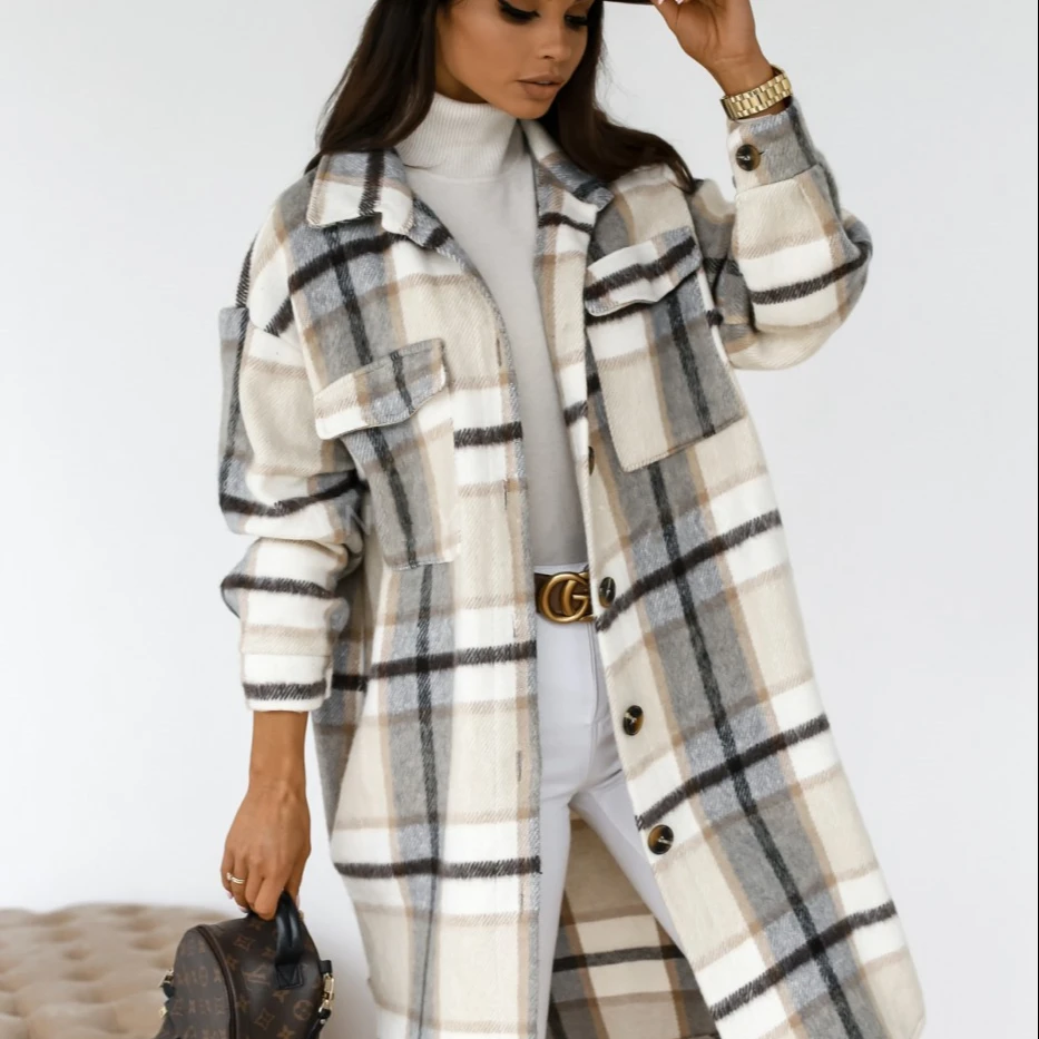 

OEM Printed Plaid Color Women's Cardigan Long Coat turtleneck Warm Coat Long Coats Jacket Colorful 2021