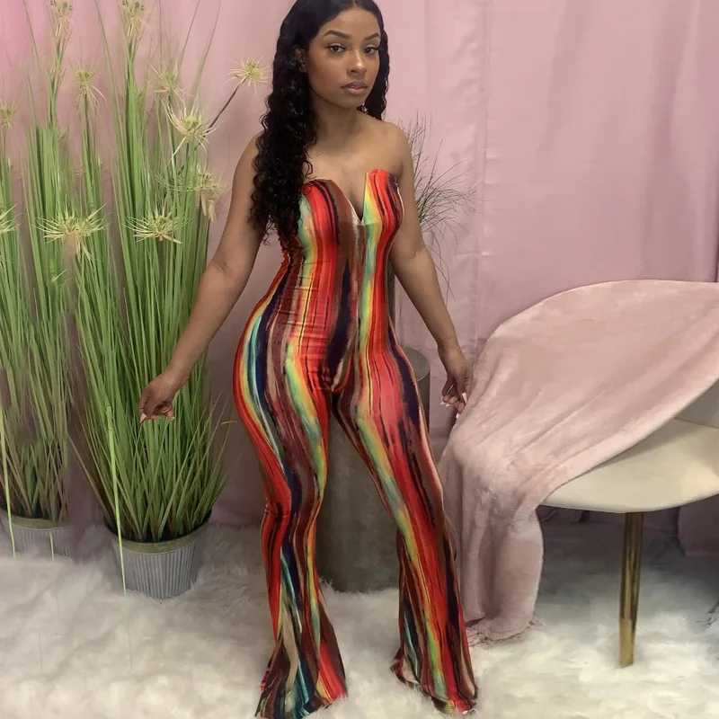 

Xuqing New trendy summer outfits off the shoulder stripe graphic colorful printed wide leg jumpsuits for women, Photo shows