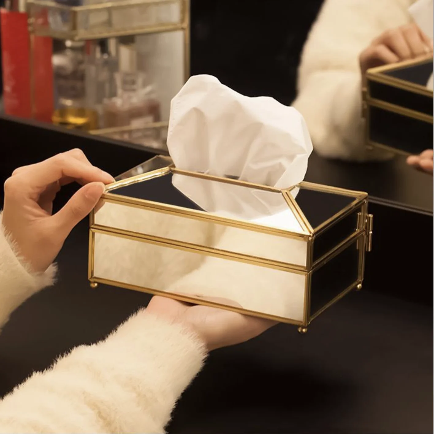 

Tissue Box Home Decorative Container table Gold Facial Car Holders Metal Mirror Glass Paper Tissue, Gold/mirror