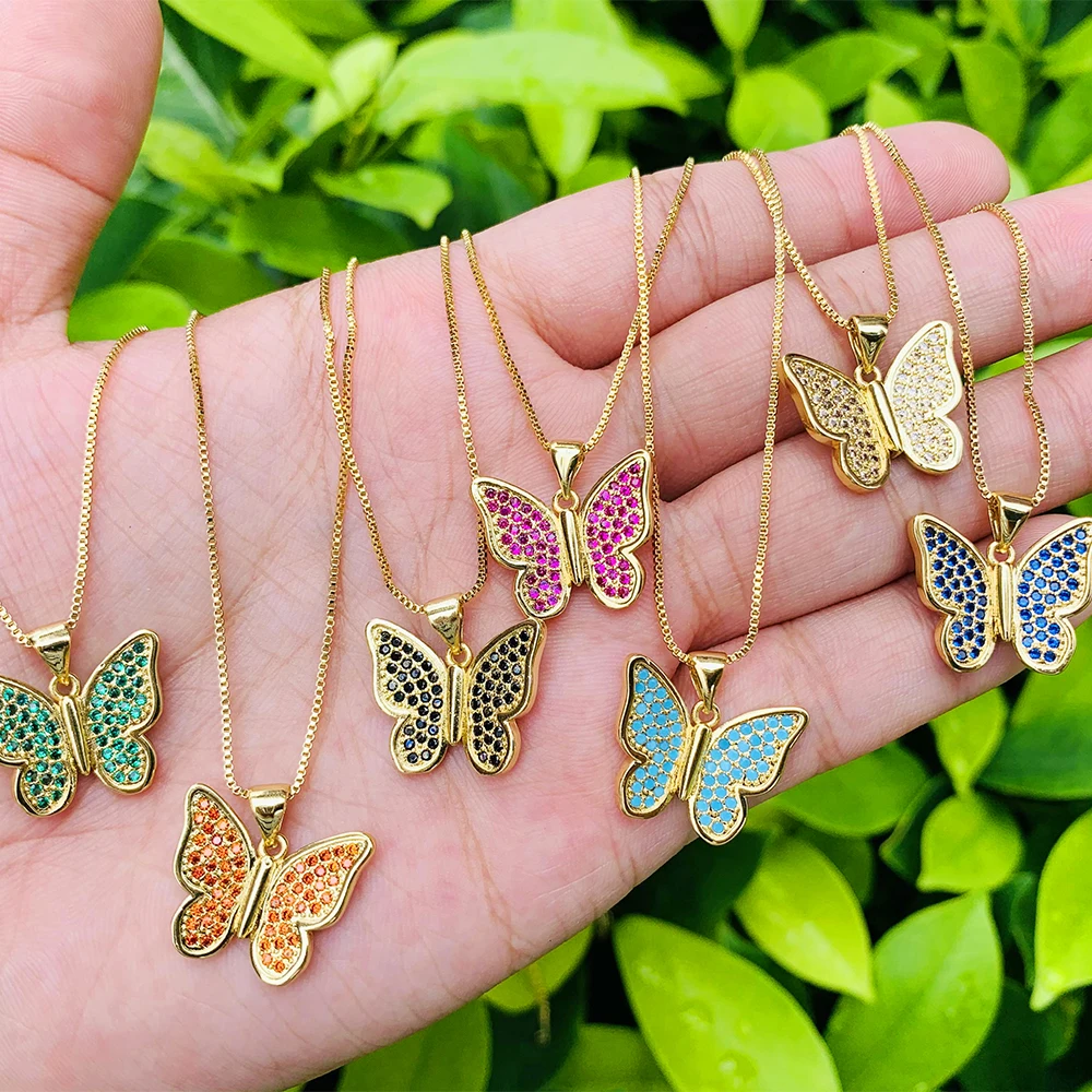 

Butterfly Shape Multicolor Zircon Pendant 18K Copper Gold Plated Box Chain Necklace Funky Necklace Jewelry