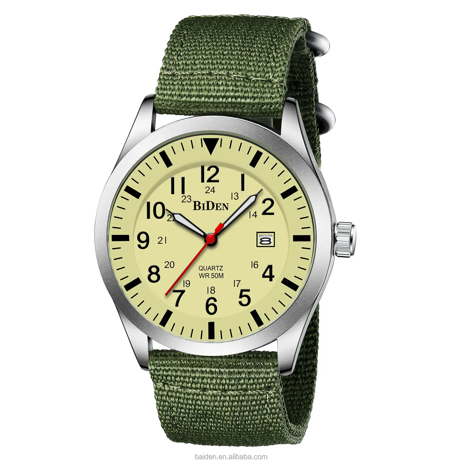 

Ultra-thin simple green day date amazon hot sell geneva arabic numbers wristwatch nylon strap military man watch