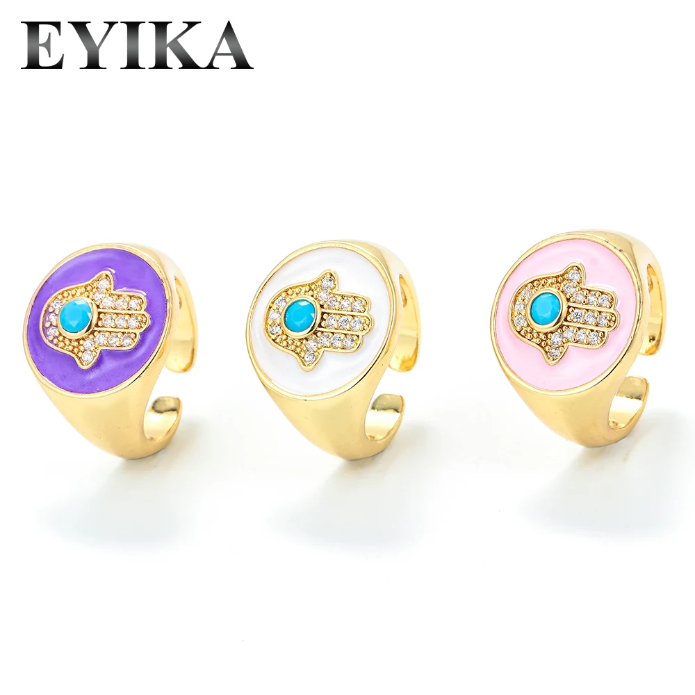Enamel Finger CZ Gemstones Open Rings Adjustable Jewelry Fashion Women 18k Gold Plating Jewellery Hand Ring Factory Outlet