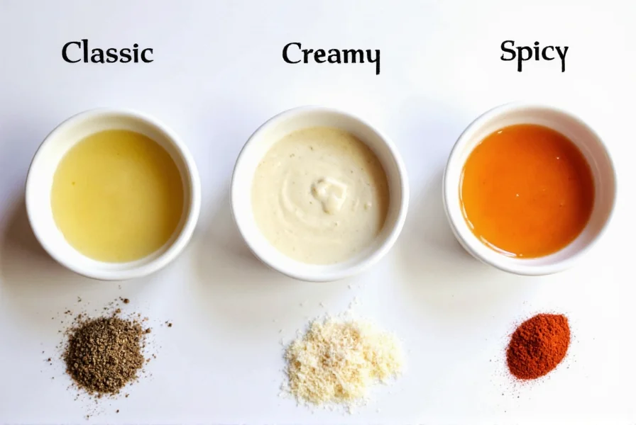 Three small bowls showing variations of lemon pepper sauce: classic, creamy, and spicy versions with corresponding ingredients displayed