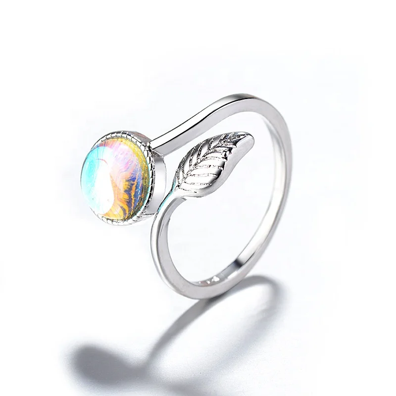 

Trendy Leaf Small Silver Color Jewelry Natural Moonstone Ring Charm Engagement Rings Anillos Mujer Open Ring