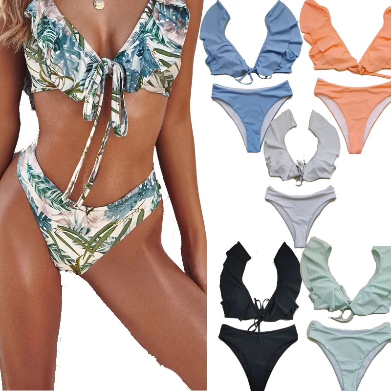 

2021 New Arrival Women Fashion Ruffle Swimsuit Two Piece Multi Color High Quality Printed Swimwear, As pictures
