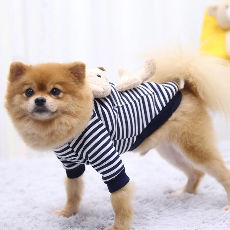 

Top Quality Pet Dogs Cats Pullover Spring Autumn Winter Pet Clothes With Bear Toy Dog Sweatshirts Pet Winter Clothes, Blue/green stripes, blue/orange stripes